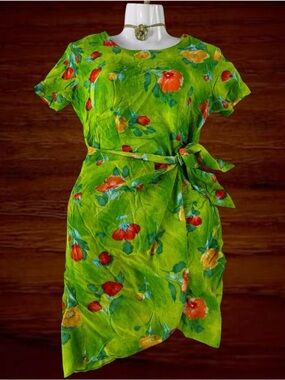 Vtg 90s Bright Green Floral Wrap Sundress Tropical Hawaiian Mini Dress Sz M